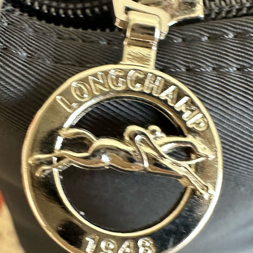 Longchamp Black Textured Shoulder Bag with Gold Medallion